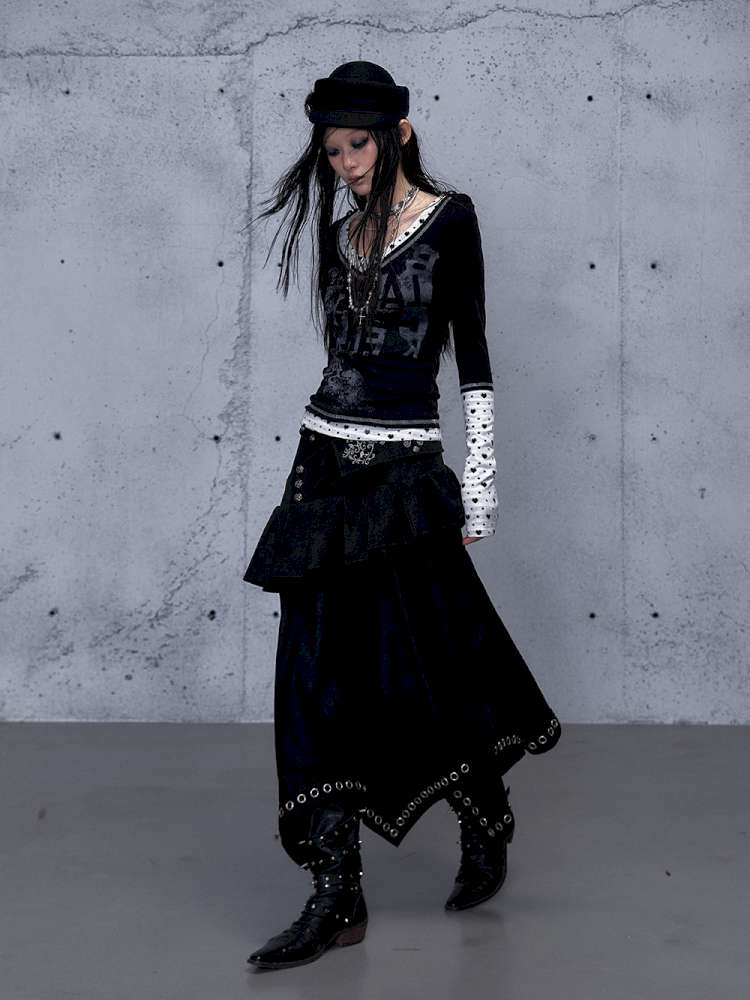 Retro Punk V-Neck Stretch T-Shirt【s0000014928】