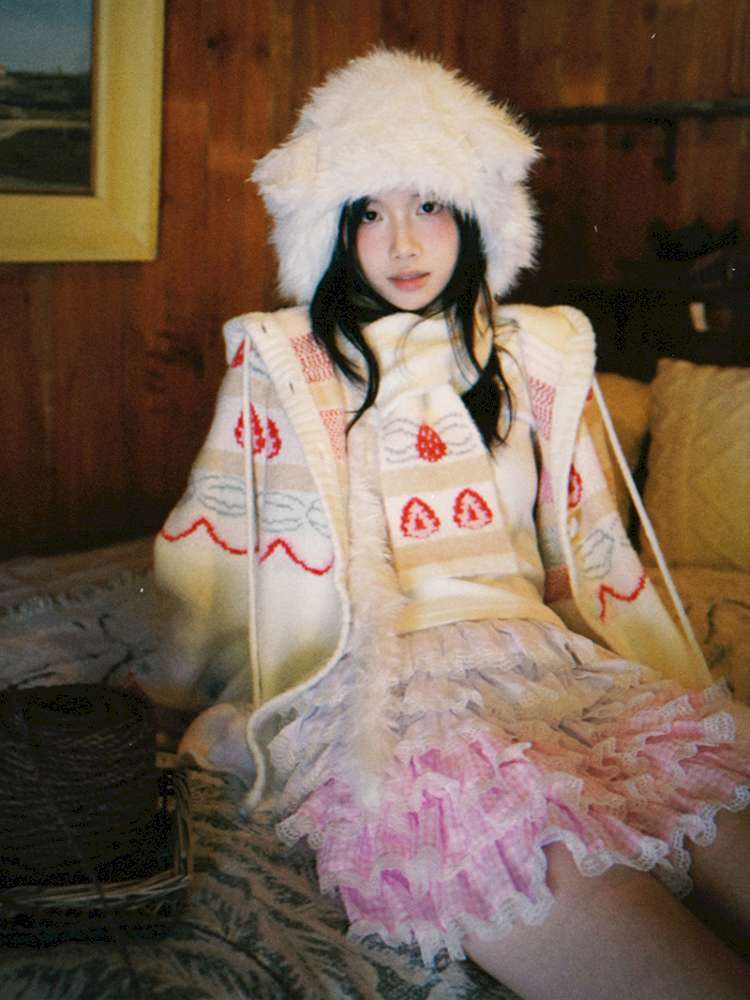 Strawberry Cake Jacquard Knit Scarf【s0000014943】