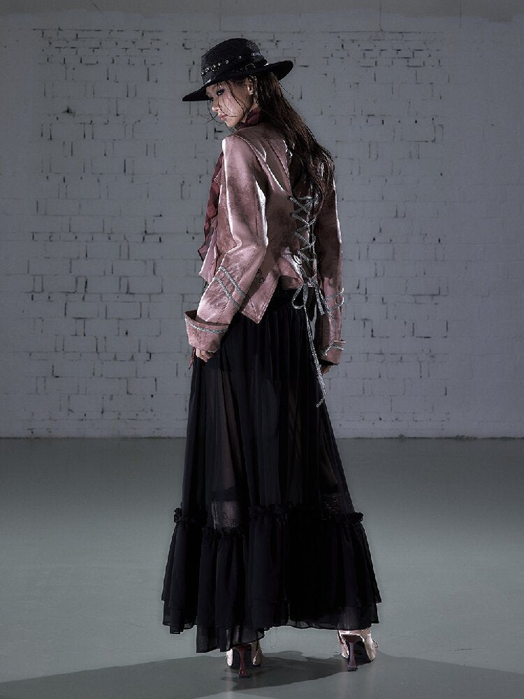Streamer Snood Chiffon Leather Jacket【s0000015942】