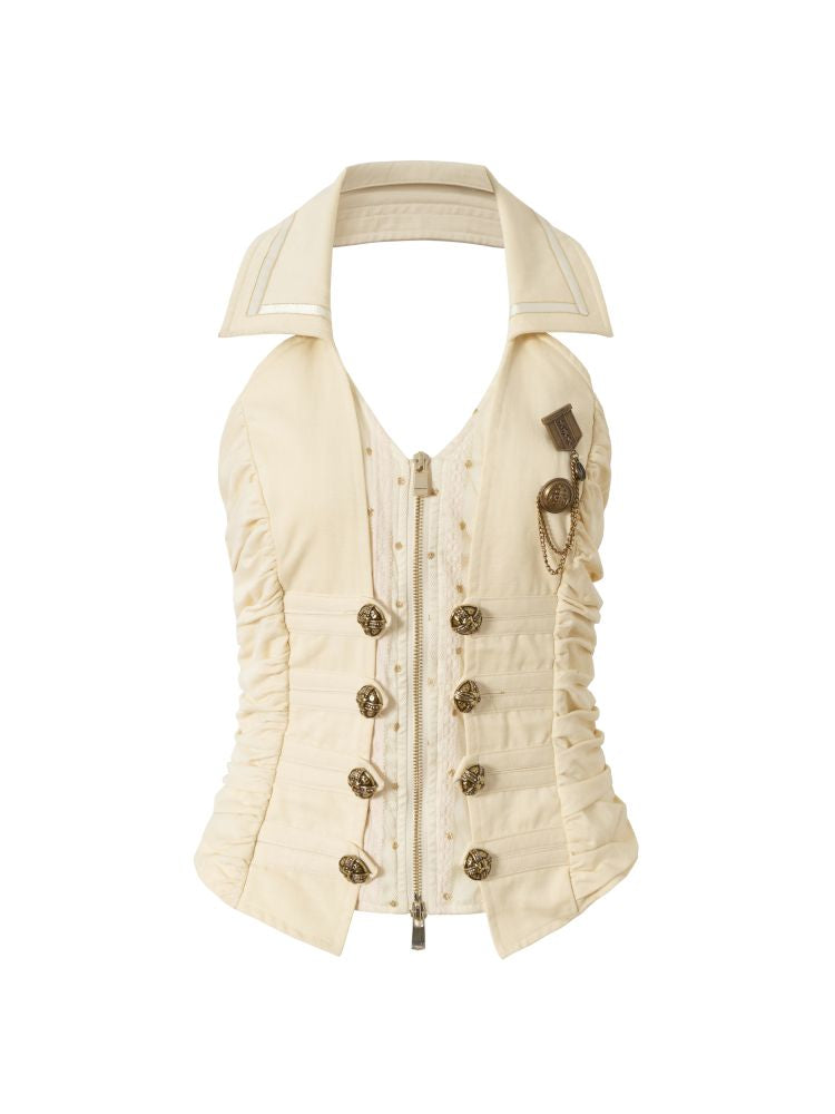 Slimming faux two-piece vest halter top【s0000012798】