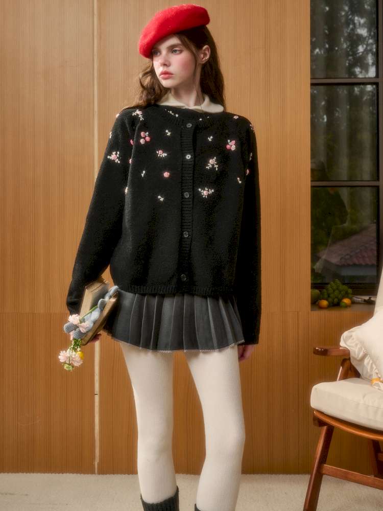 Wool Hand-Embroidered Flower Sweater Cardigan【s0000014891】