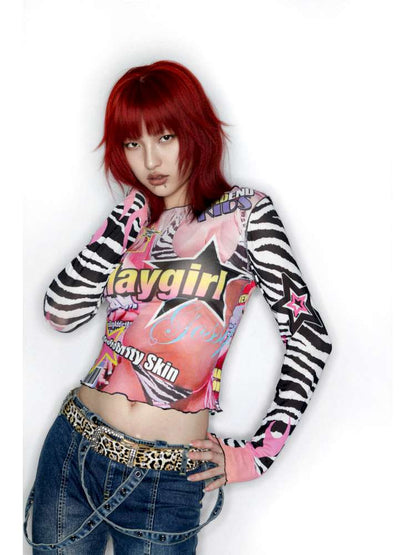 Y2K Millennium Print Long Sleeve Mesh Top【s0000014915】