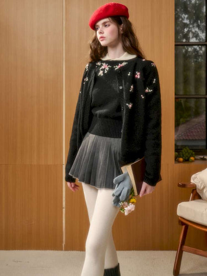 Wool Hand-Embroidered Flower Sweater Cardigan【s0000014891】