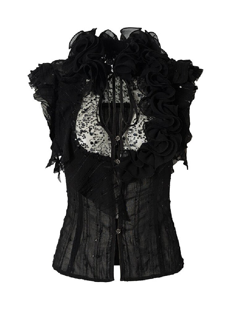 Ruffle Bead Patchwork Chiffon Shirt【s0000016981】