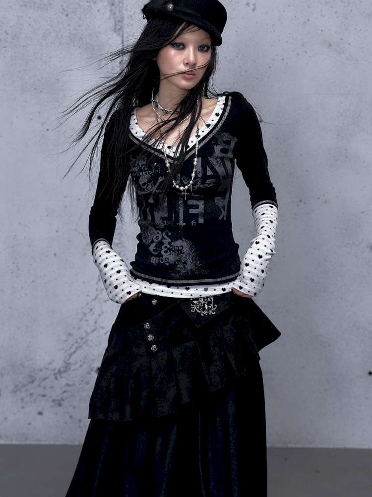 Retro Punk V-Neck Stretch T-Shirt【s0000014928】