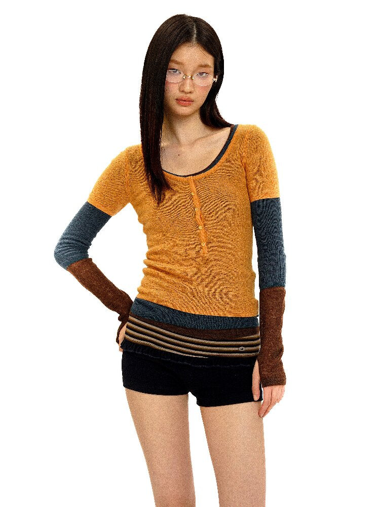 Lightweight U-neck Contrast Sweater【s0000016096】