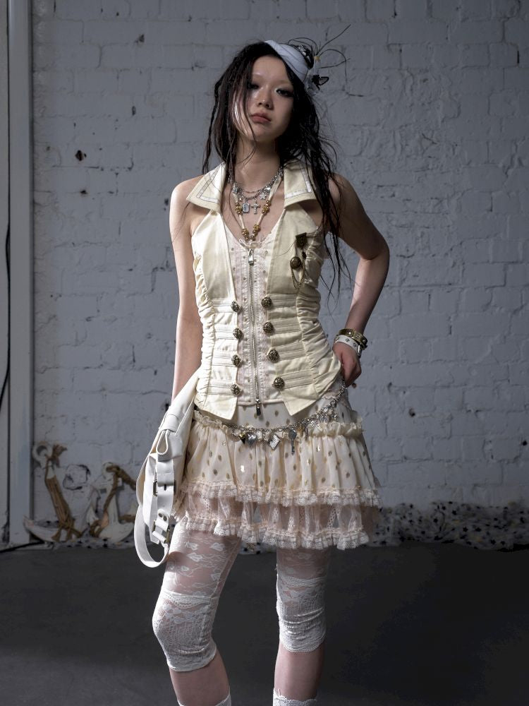 Slimming faux two-piece vest halter top【s0000012798】