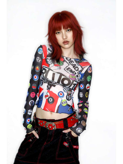 Y2K Millennium Print Long Sleeve Mesh Top【s0000014915】