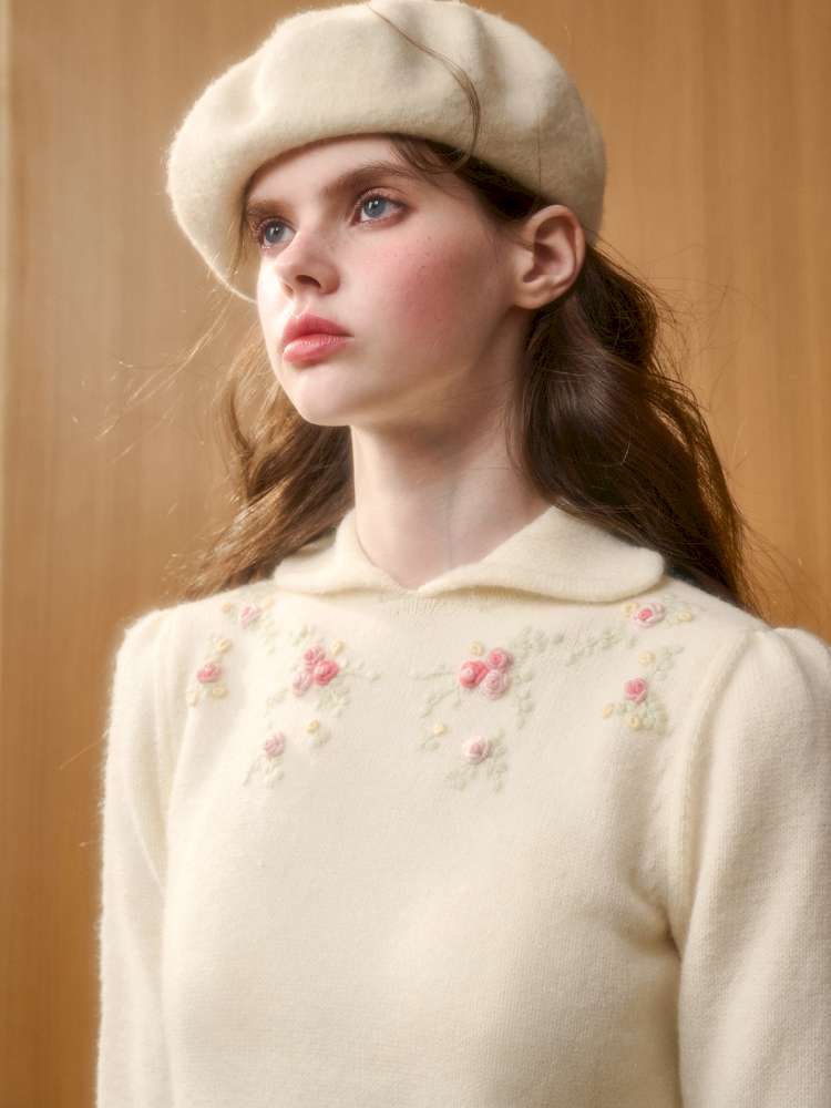 Wool Warm Hand-Embroidered Doll Collar Knit【s0000014893】