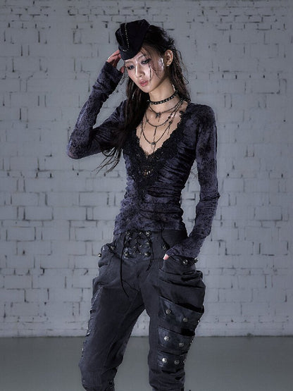 Crochet Flocked Lace Slim Shirt【s0000015934】