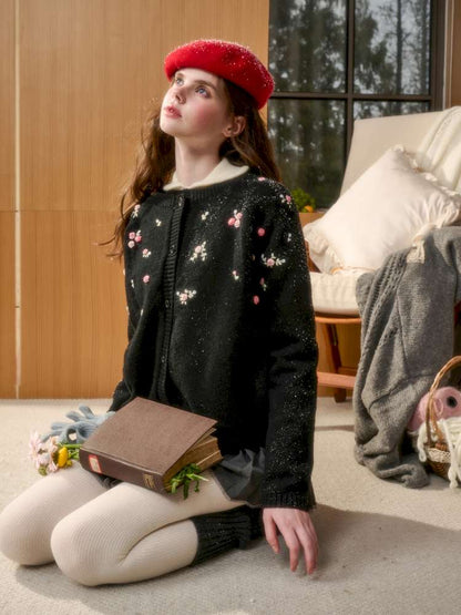 Wool Hand-Embroidered Flower Sweater Cardigan【s0000014891】