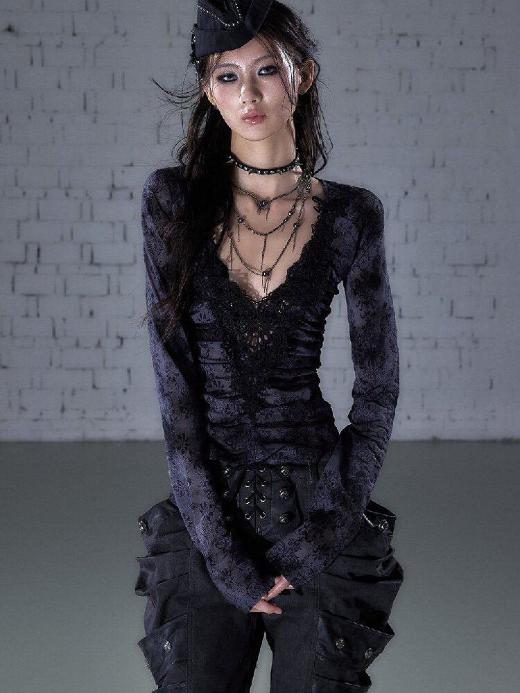 Crochet Flocked Lace Slim Shirt【s0000015934】