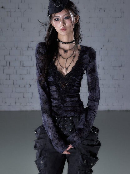 Crochet Flocked Lace Slim Shirt【s0000015934】