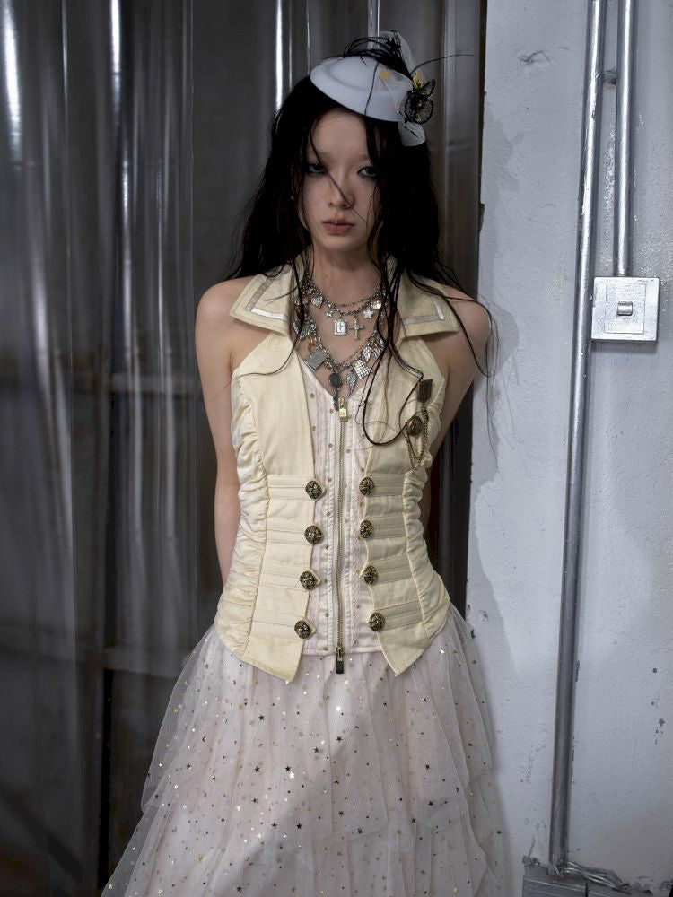 Slimming faux two-piece vest halter top【s0000012798】