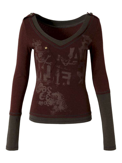 Retro Punk V-Neck Stretch T-Shirt【s0000014928】