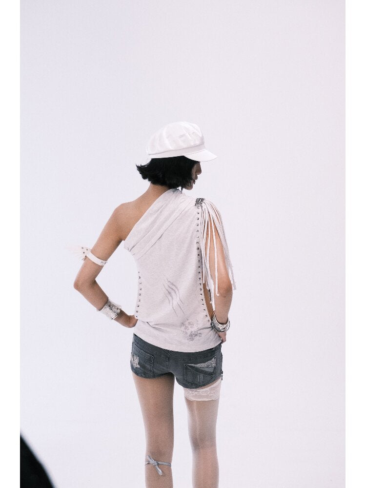 Asymmetrical Collar Fringe Print Set【s0000018475】