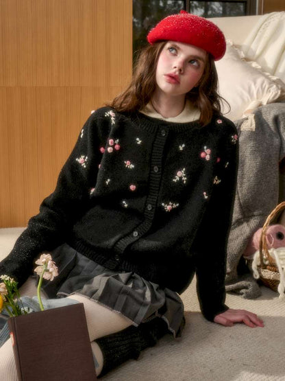 Wool Hand-Embroidered Flower Sweater Cardigan【s0000014891】
