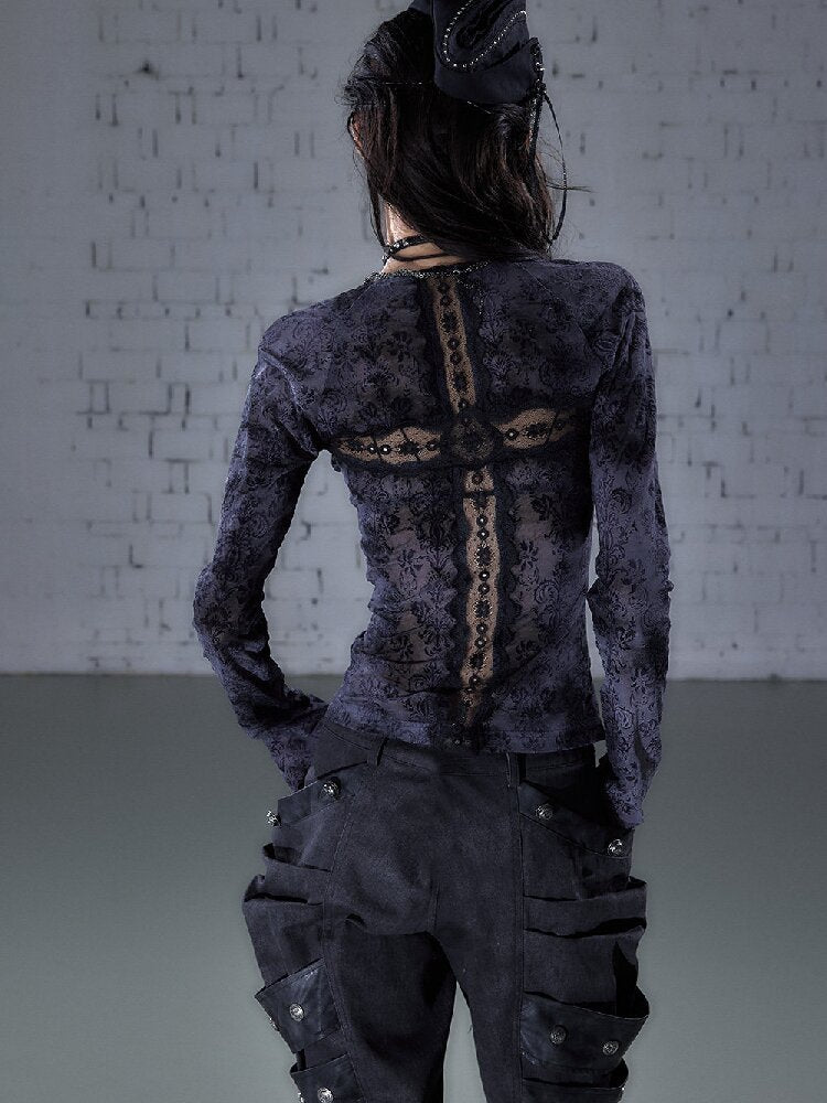 Crochet Flocked Lace Slim Shirt【s0000015934】