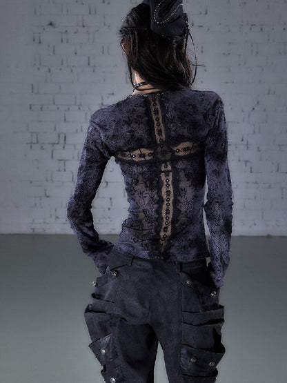 Crochet Flocked Lace Slim Shirt【s0000015934】
