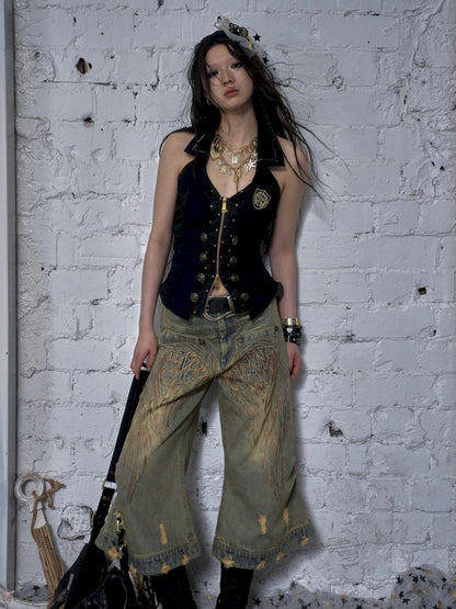 Slimming faux two-piece vest halter top【s0000012798】