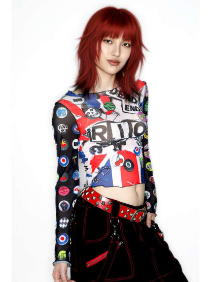 Y2K Millennium Print Long Sleeve Mesh Top【s0000014915】