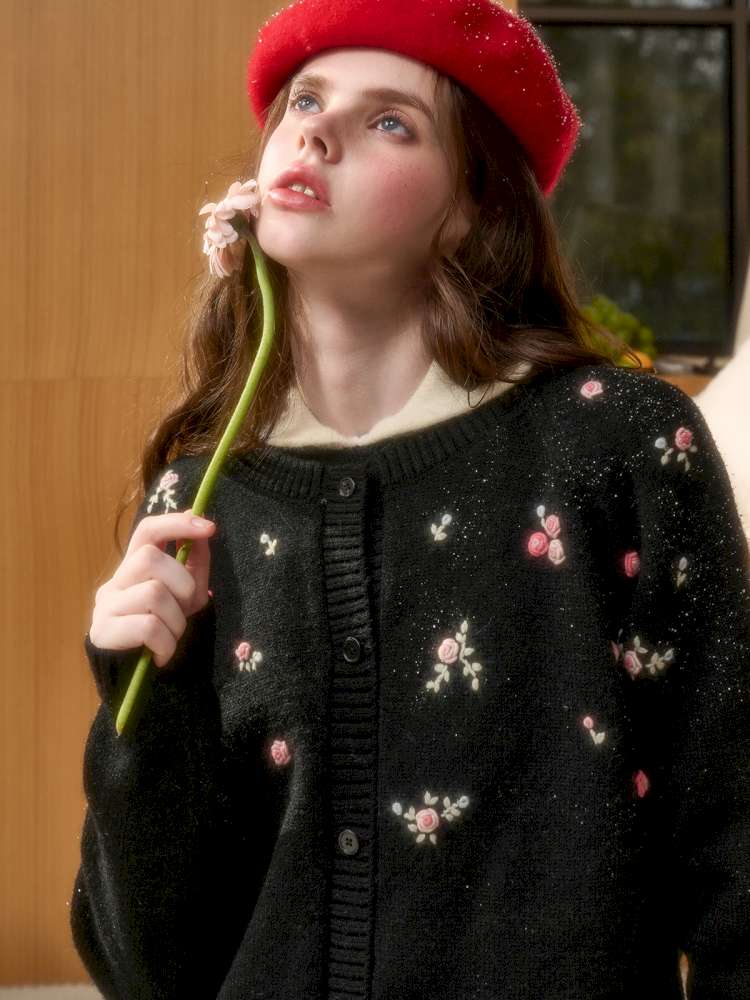 Wool Hand-Embroidered Flower Sweater Cardigan【s0000014891】