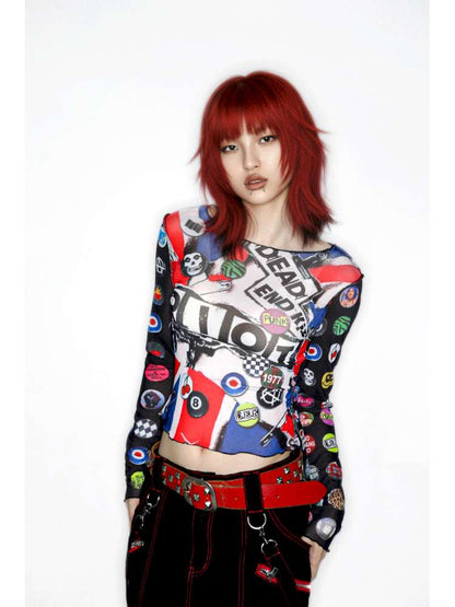 Y2K Millennium Print Long Sleeve Mesh Top【s0000014915】