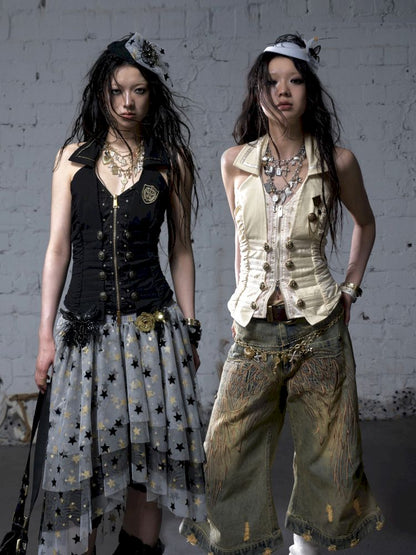 Slimming faux two-piece vest halter top【s0000012798】