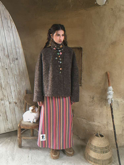 Brown Woolen Loose Button Coat【s0000014896】