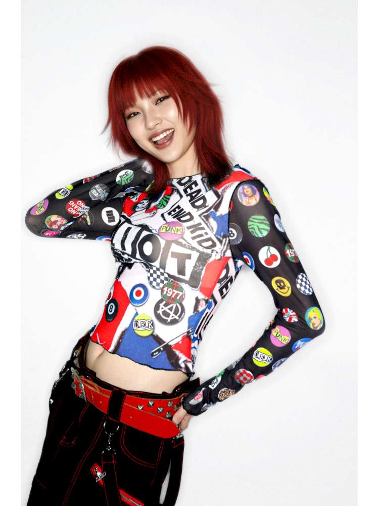 Y2K Millennium Print Long Sleeve Mesh Top【s0000014915】
