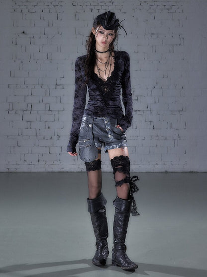 Crochet Flocked Lace Slim Shirt【s0000015934】