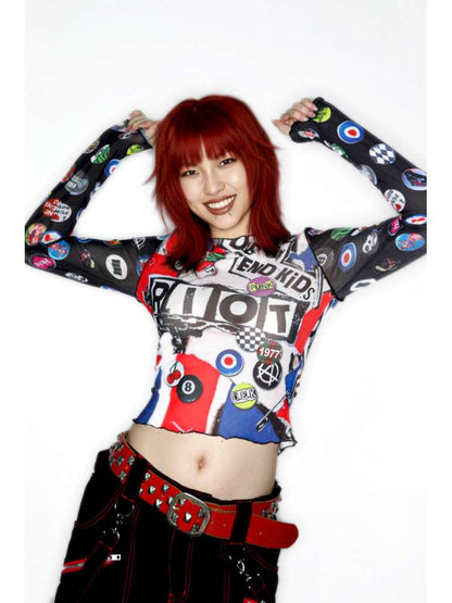 Y2K Millennium Print Long Sleeve Mesh Top【s0000014915】