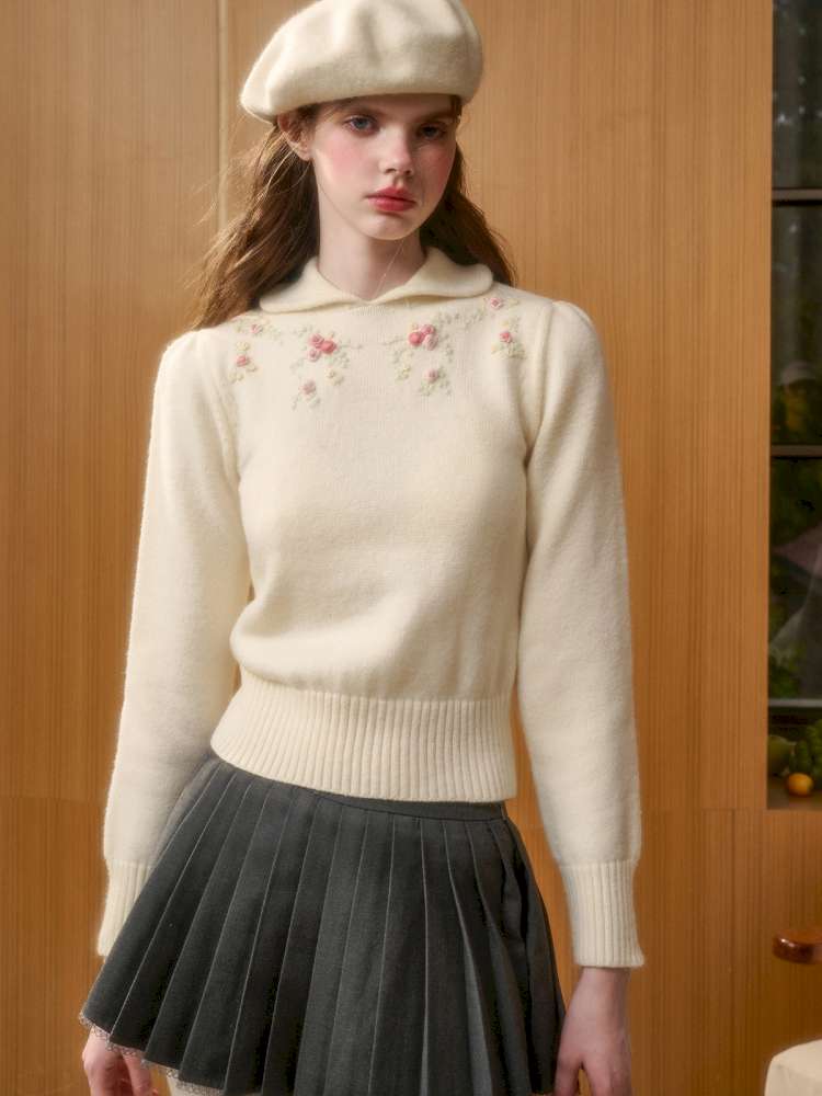 Wool Warm Hand-Embroidered Doll Collar Knit【s0000014893】