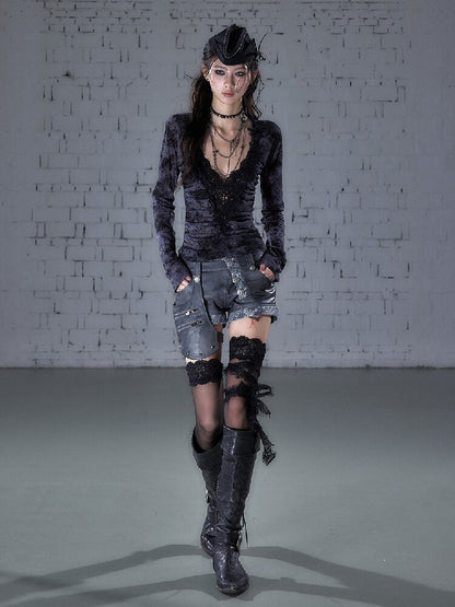 Crochet Flocked Lace Slim Shirt【s0000015934】