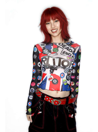 Y2K Millennium Print Long Sleeve Mesh Top【s0000014915】