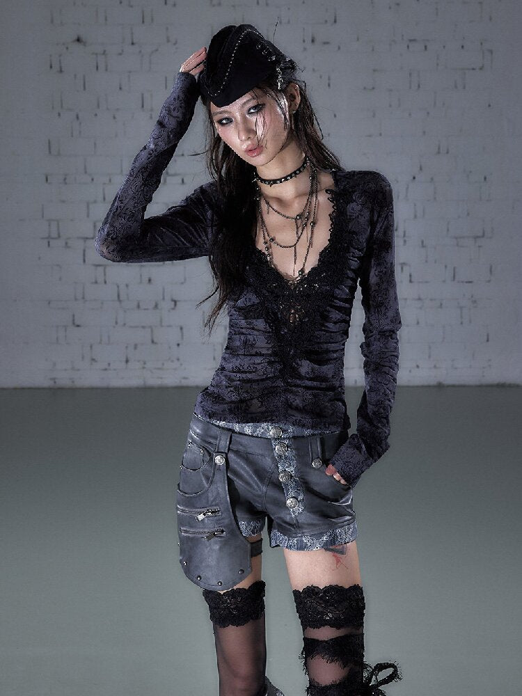 Crochet Flocked Lace Slim Shirt【s0000015934】