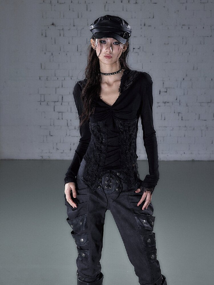 Lace Kink Stretch One Shoulder Top【s0000015933】