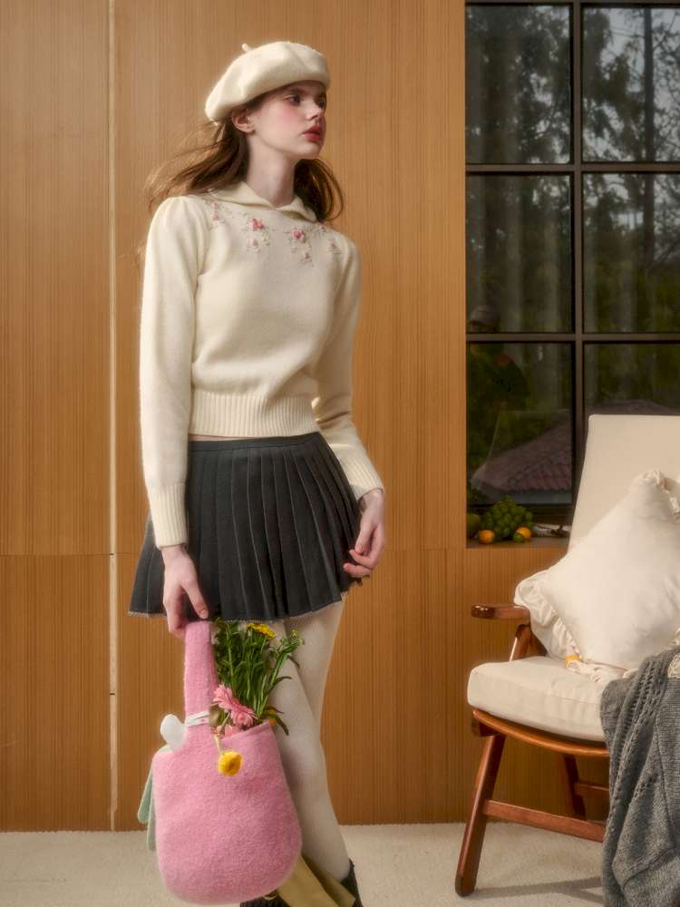 Wool Warm Hand-Embroidered Doll Collar Knit【s0000014893】