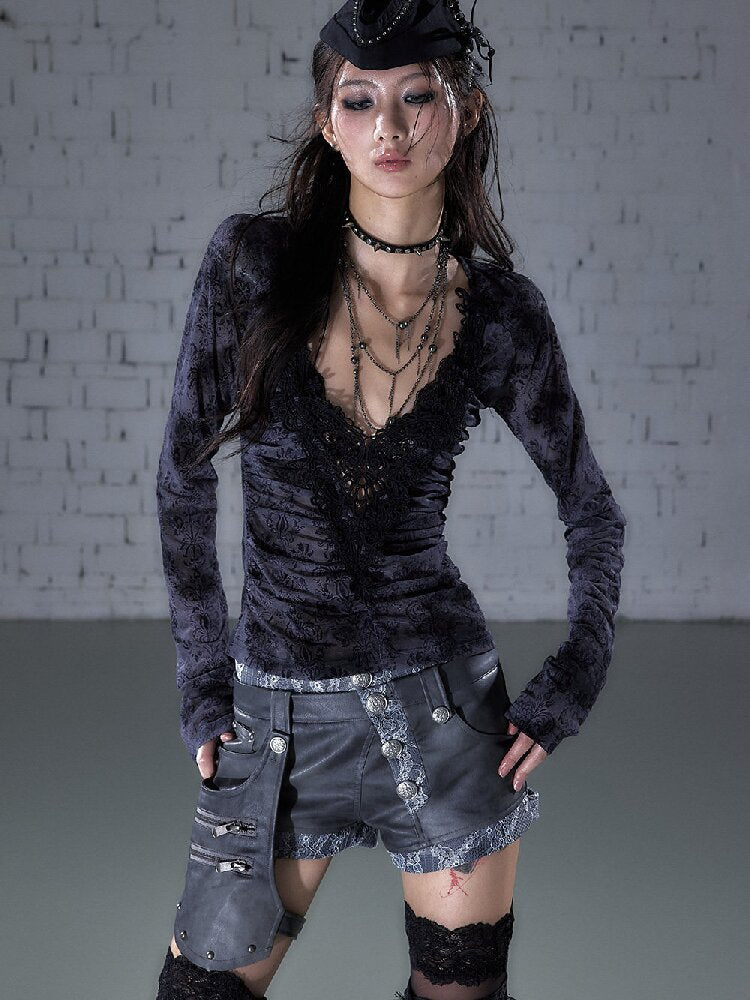 Crochet Flocked Lace Slim Shirt【s0000015934】
