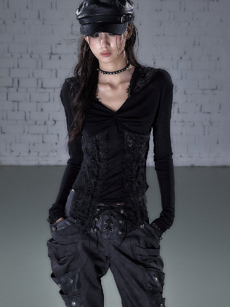 Lace Kink Stretch One Shoulder Top【s0000015933】