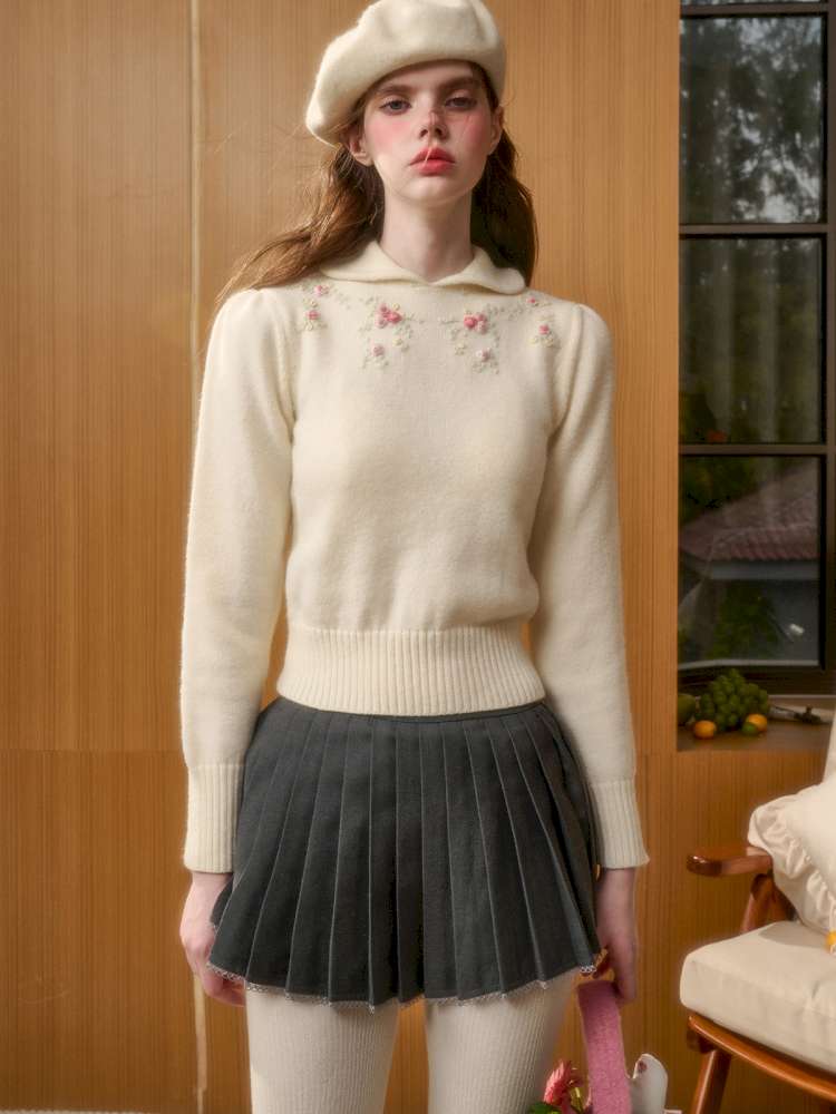 Wool Warm Hand-Embroidered Doll Collar Knit【s0000014893】