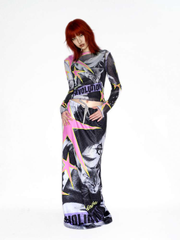 Y2K Millennium Print Long Sleeve Mesh Top【s0000014915】