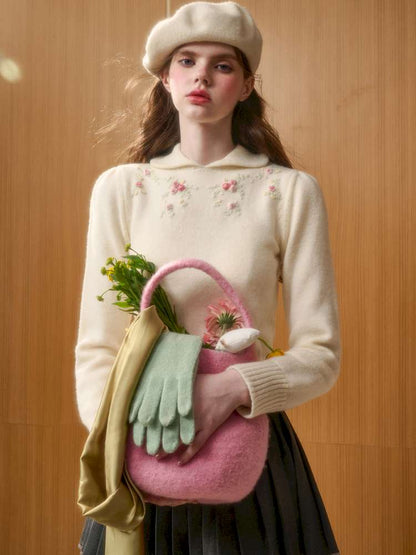 Wool Warm Hand-Embroidered Doll Collar Knit【s0000014893】