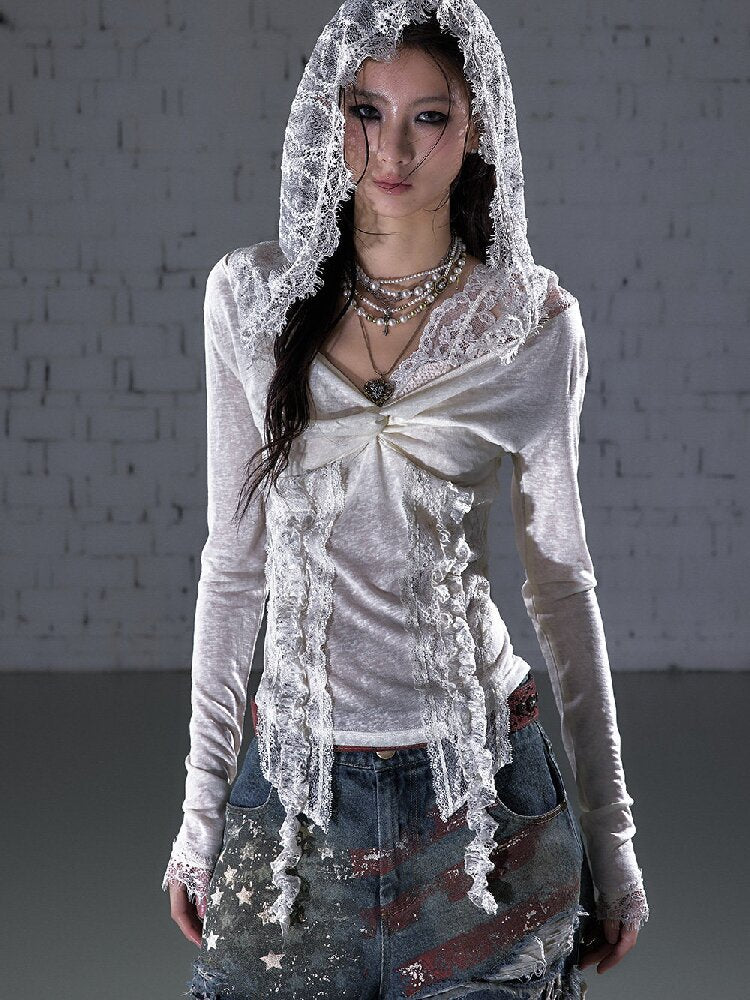 Lace Kink Stretch One Shoulder Top【s0000015933】