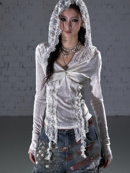 Lace Kink Stretch One Shoulder Top【s0000015933】