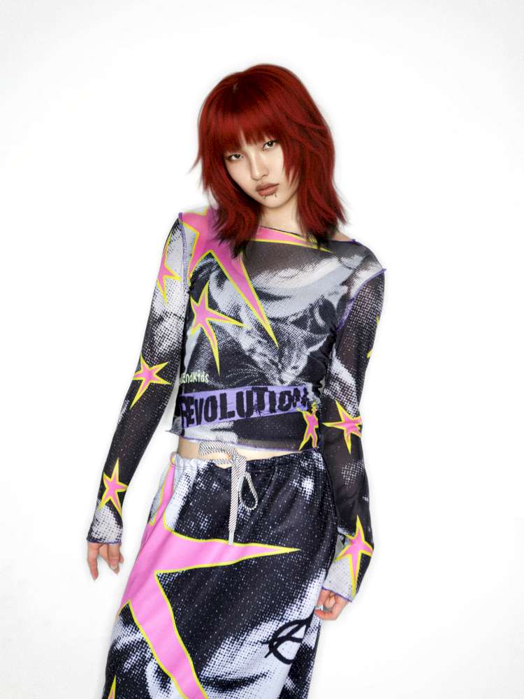 Y2K Millennium Print Long Sleeve Mesh Top【s0000014915】