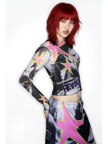 Y2K Millennium Print Long Sleeve Mesh Top【s0000014915】