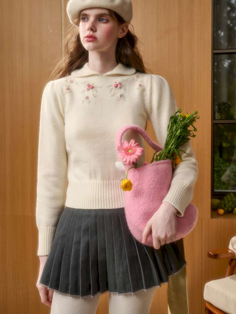 Wool Warm Hand-Embroidered Doll Collar Knit【s0000014893】