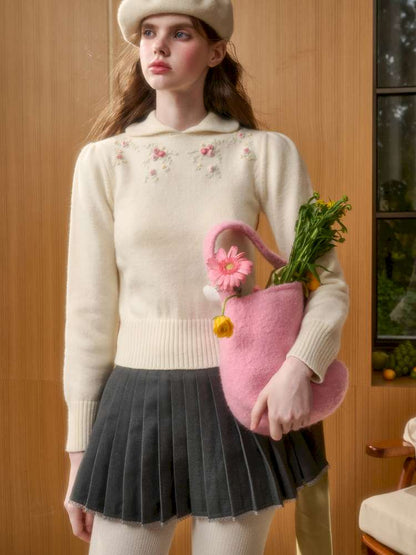 Wool Warm Hand-Embroidered Doll Collar Knit【s0000014893】