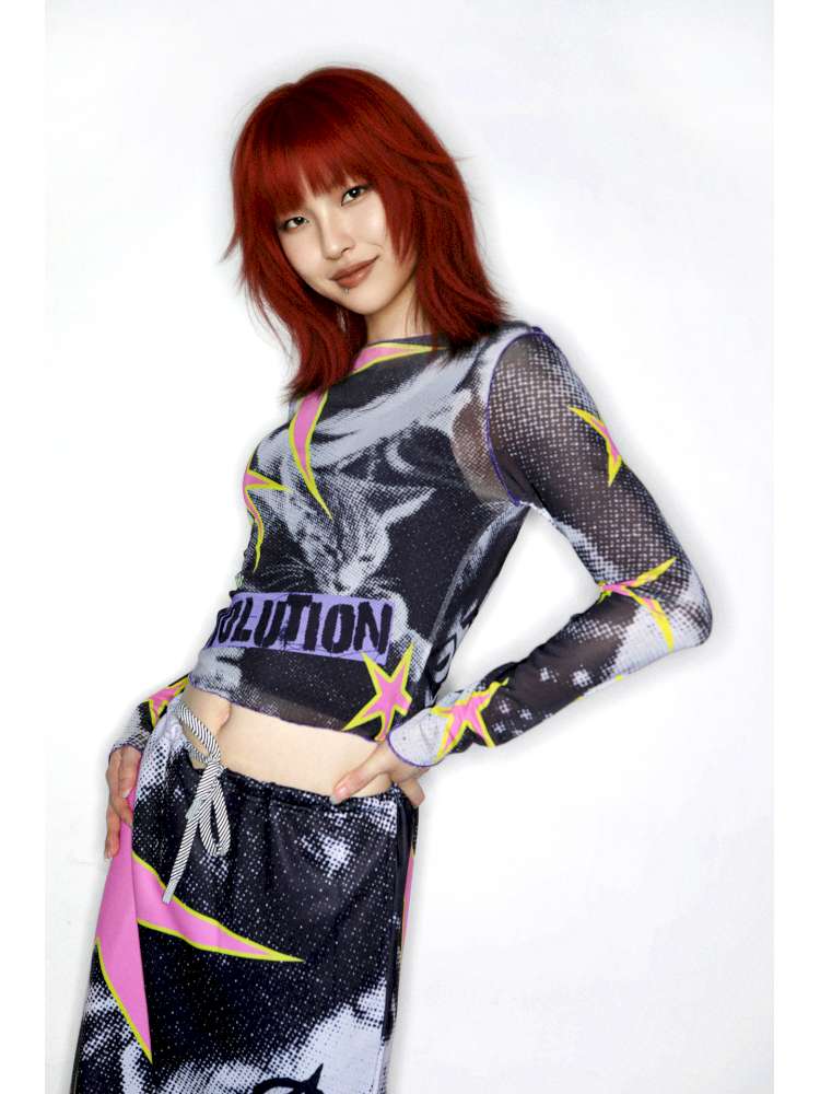 Y2K Millennium Print Long Sleeve Mesh Top【s0000014915】